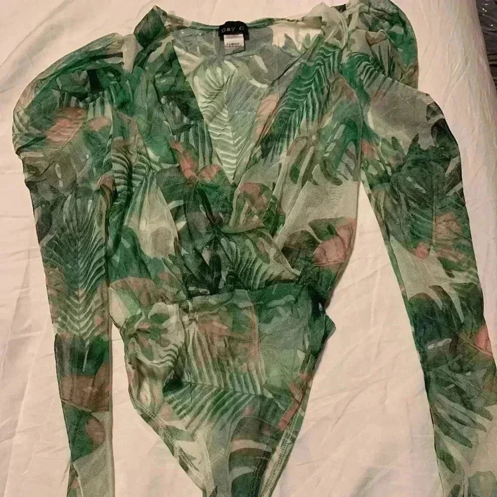 Trendy green leafs sheer bodysuit DAY G